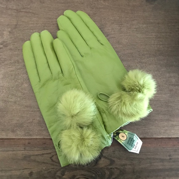 Accessories - NWT Genuine Leather Green with Fur Poms Size S